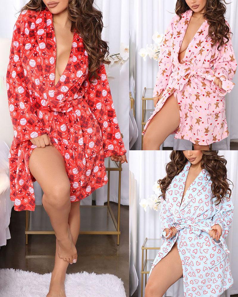 

Christmas Graphic Print Pocket Design Robe, Red