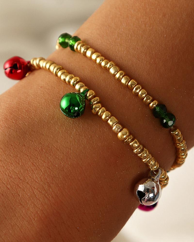 

2pcs Christmas Beaded Jingle Bell Bracelet Set, Green