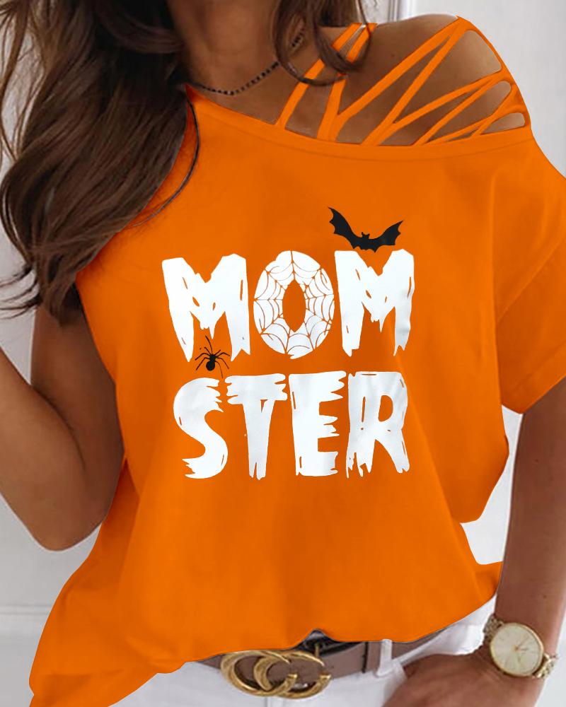 

Halloween Letter Bat Print Cold Shoulder Top, Orange