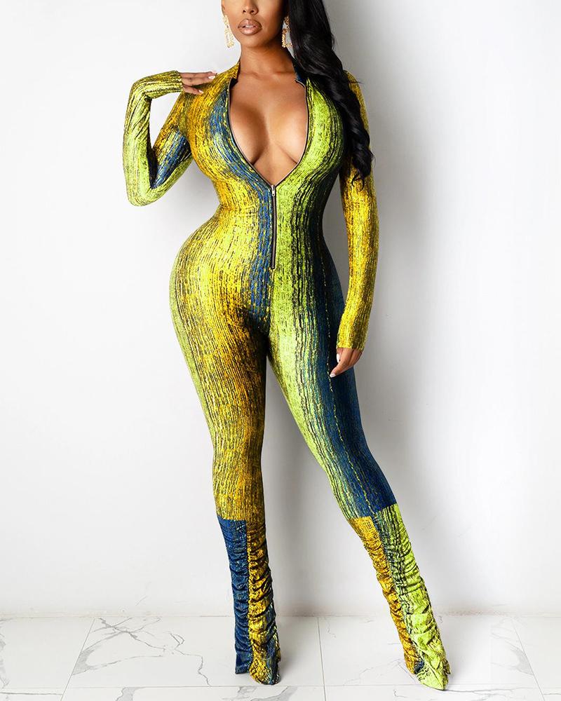 

Multicolor Print Long Sleeve Skinny Fold Jumpsuit, Yellow