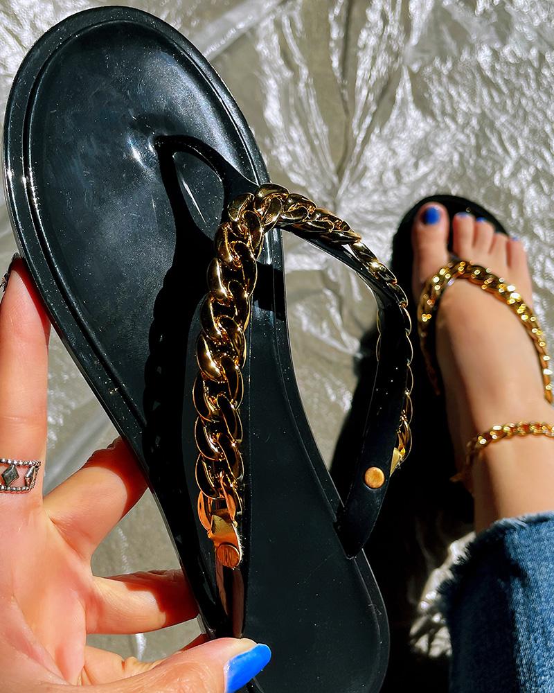 

Chain Decor Round Toe Flip Flops, Black