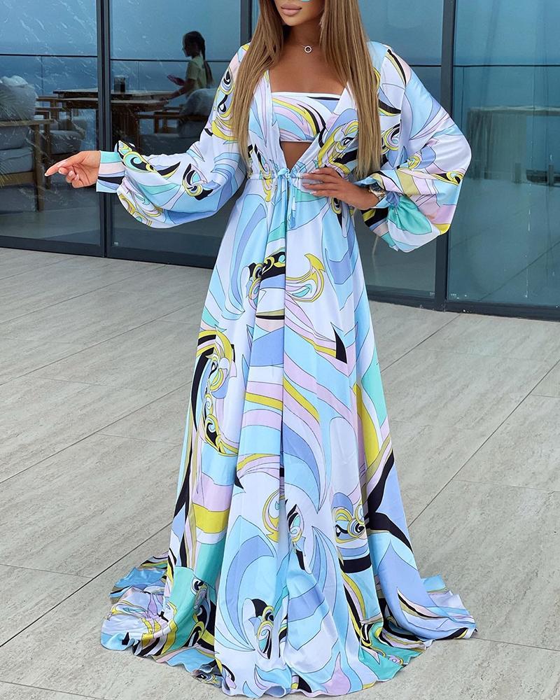 

Allover Print Lantern Sleeve Ruched Maxi Dress, Lighted blue