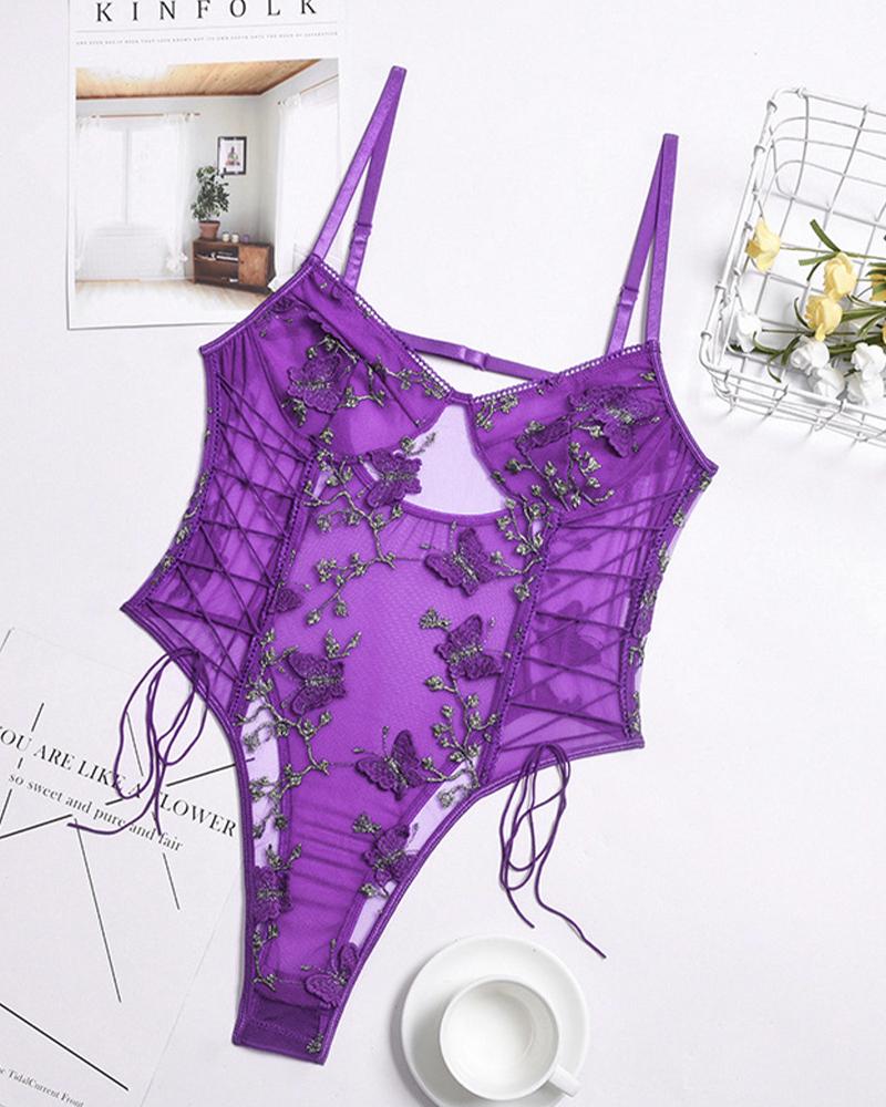 

Butterfly Embroidery Lace Sleeveless Skinny Sexy Bodysuit, Purple