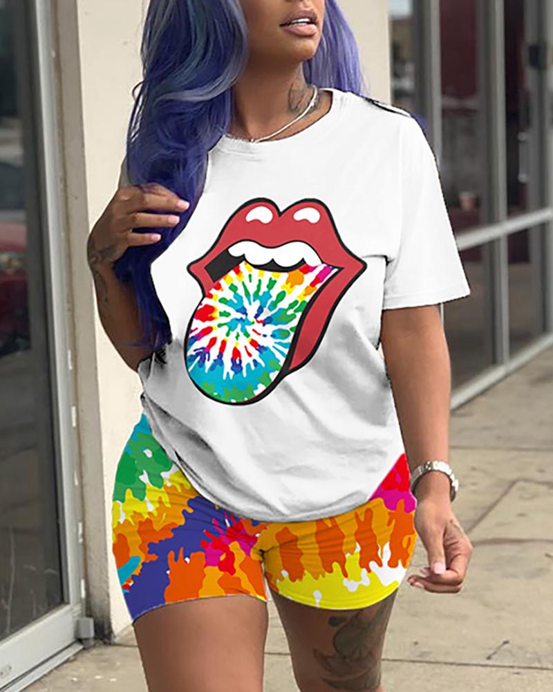 

Lip Tie Dye Print Short Sleeve Top & Colorblock Shorts Set, Red
