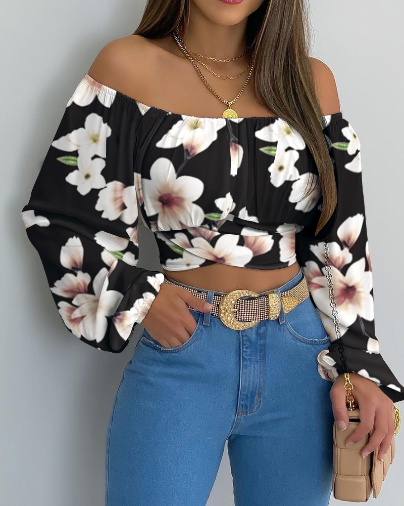 Floral Print Off Shoulder Ruched Lantern Sleeve Crop Top Online