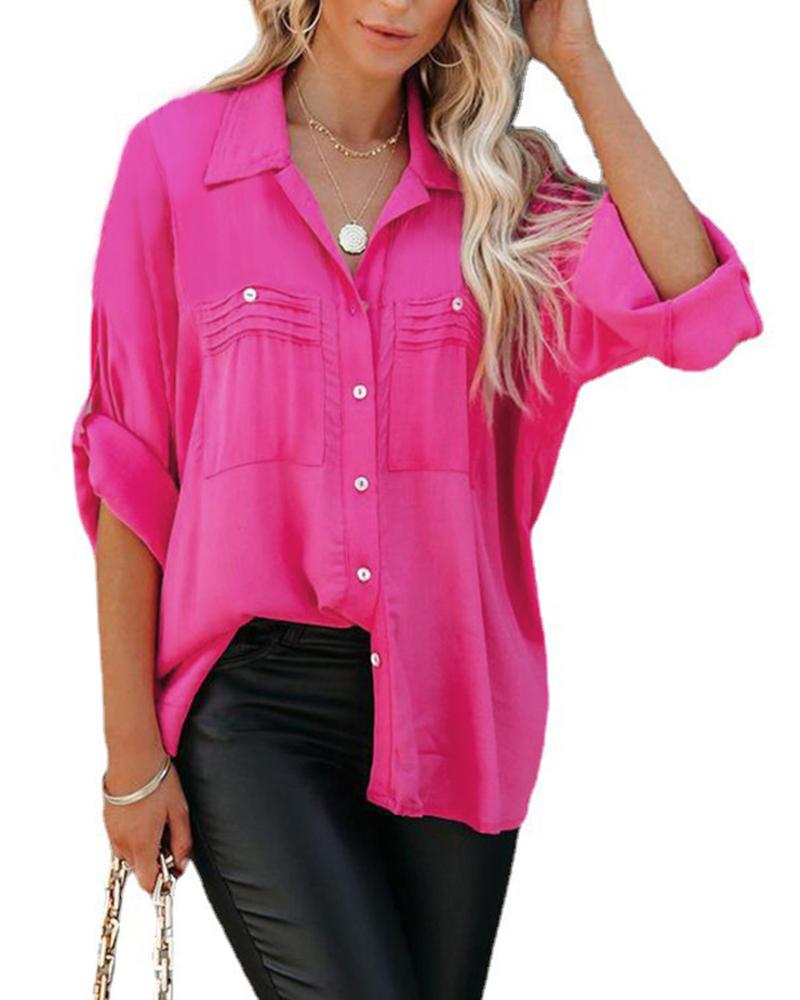 

Roll Up Sleeve Buttoned Pocket Design Shirt, Rose red