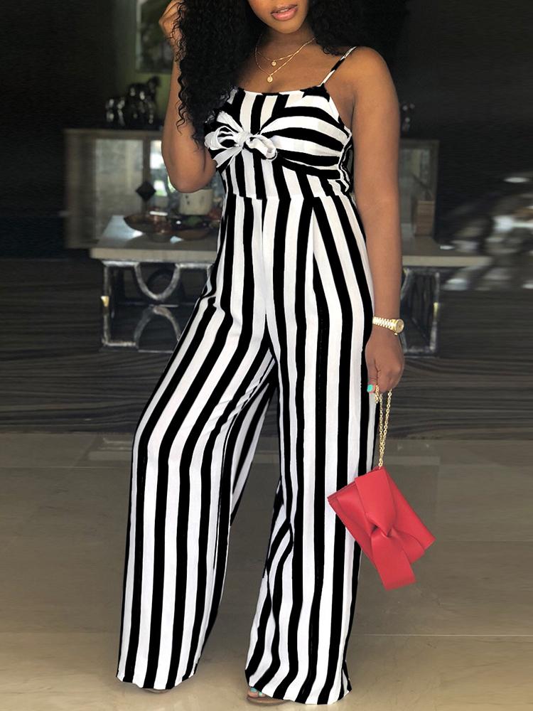 

Striped Bowtie Detail Cutout Back Jumpsuit, Black