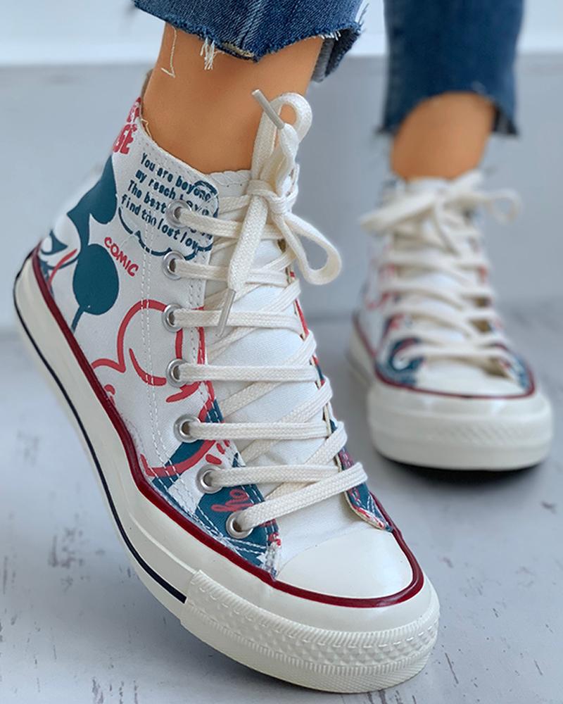 

Cartoon Print Lace-Up Casual Sneakers, White