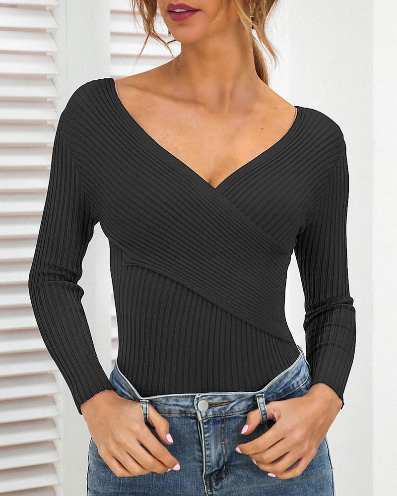 

Ribbed V Neck Long Sleeve Casual Top, Black