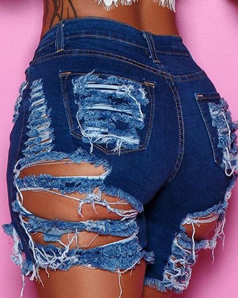 

Fringe Cutout High Waist Denim Shorts, Blue