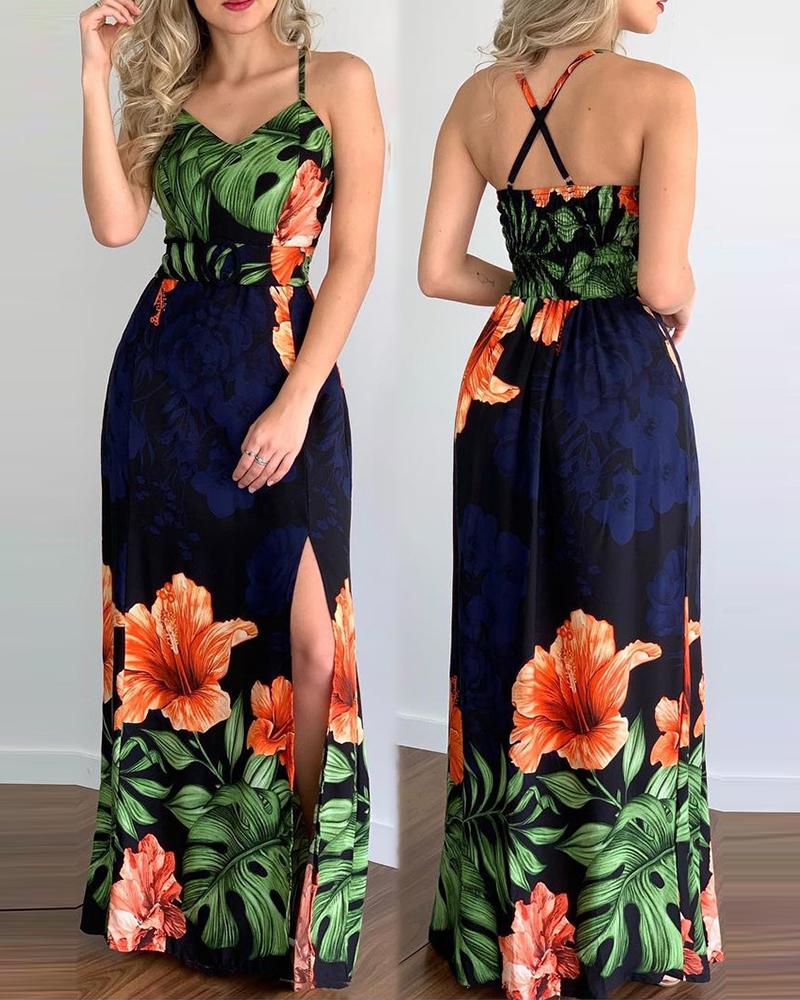 

Tropical Print High Slit Crisscross Backless Maxi Dress, Black