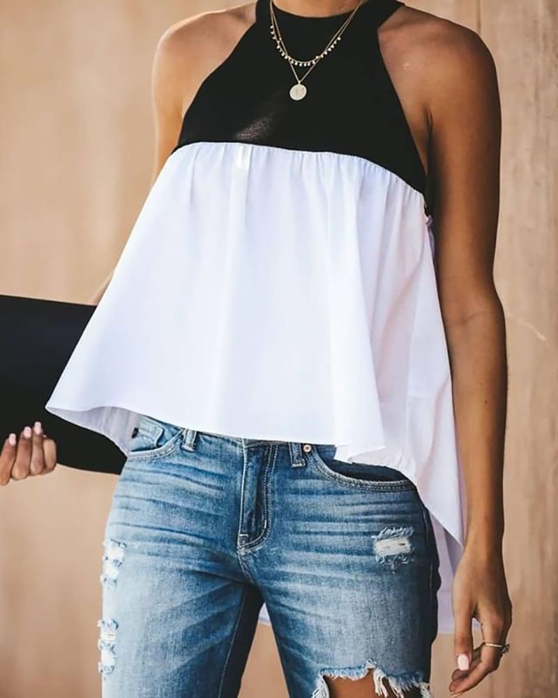 

Colorblock Halter Dip Hem Ruched Top, Black