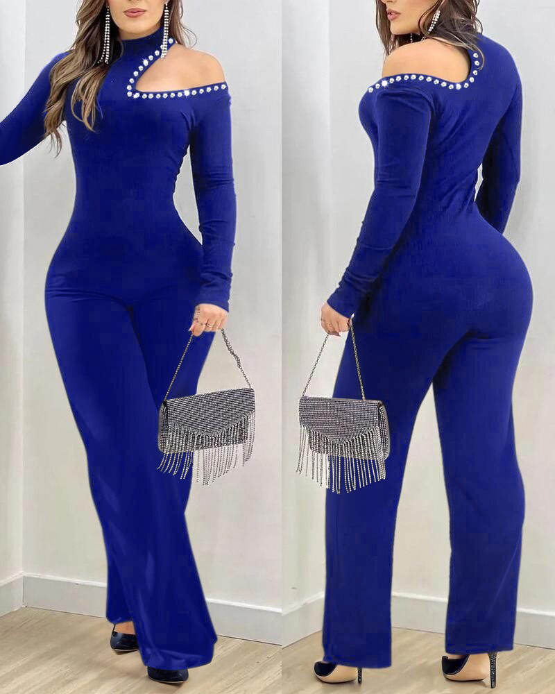 

Macacão com strass, ombro vazado, gola alta, manga comprida, slim fit, flared, Blue