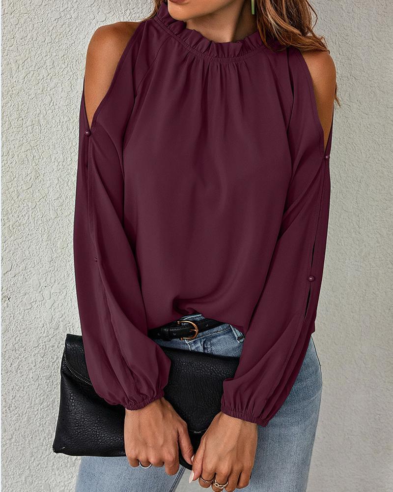 

Frill Hem Cold Shoulder Top, Wine red