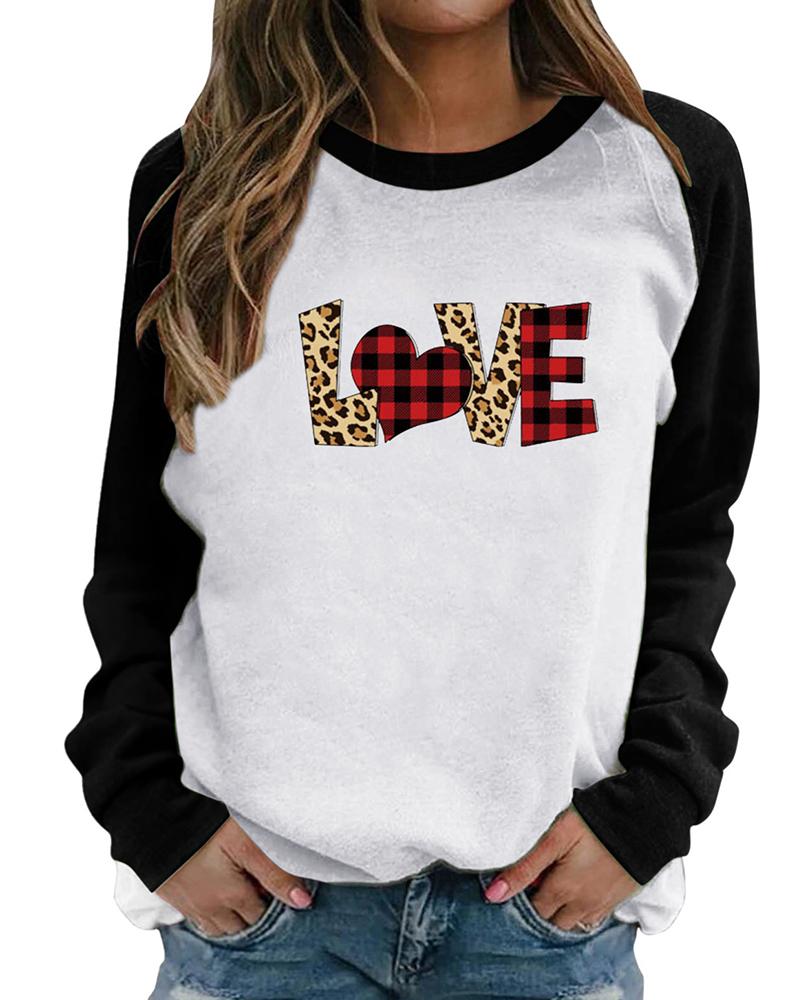 

Valentine' Day Cheetah Plaid Print Colorblock Sweatshirt, Black