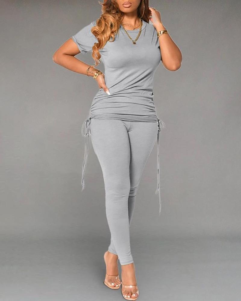 

Drawstring Short Sleeve Top & Pants Set, Gray