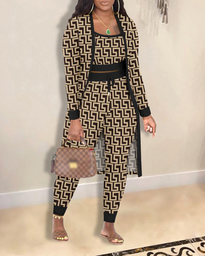 Plus Size 3PCS Geometric Print Crop Top & Drawstring Pants Set With Longline Coat