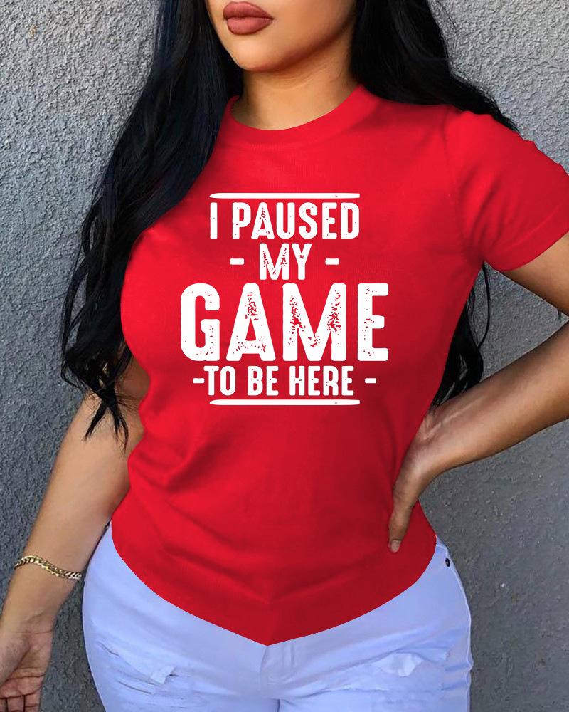 

Letter Print O Neck Short Sleeve T-Shirt, Red