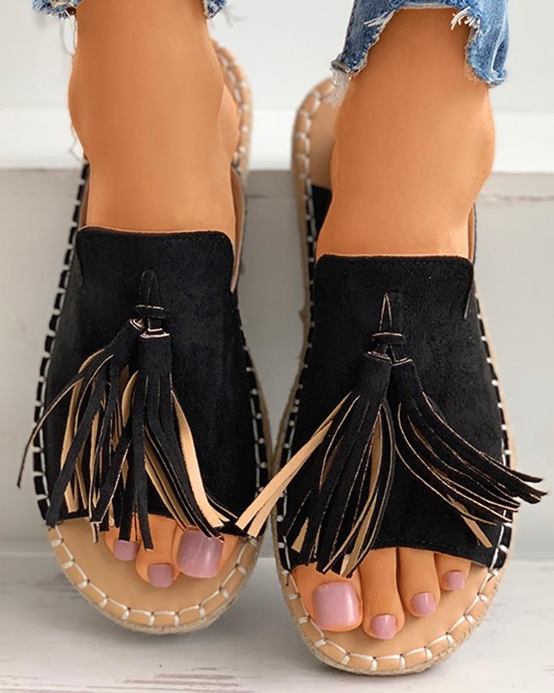 

Tassel Detail Peep Toe Flat Sandals, Black