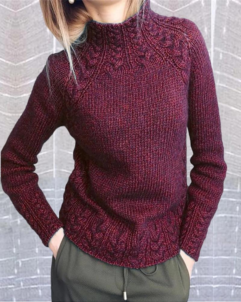

Long Sleeve Mock Neck Casual Braided Sweater, Wine red