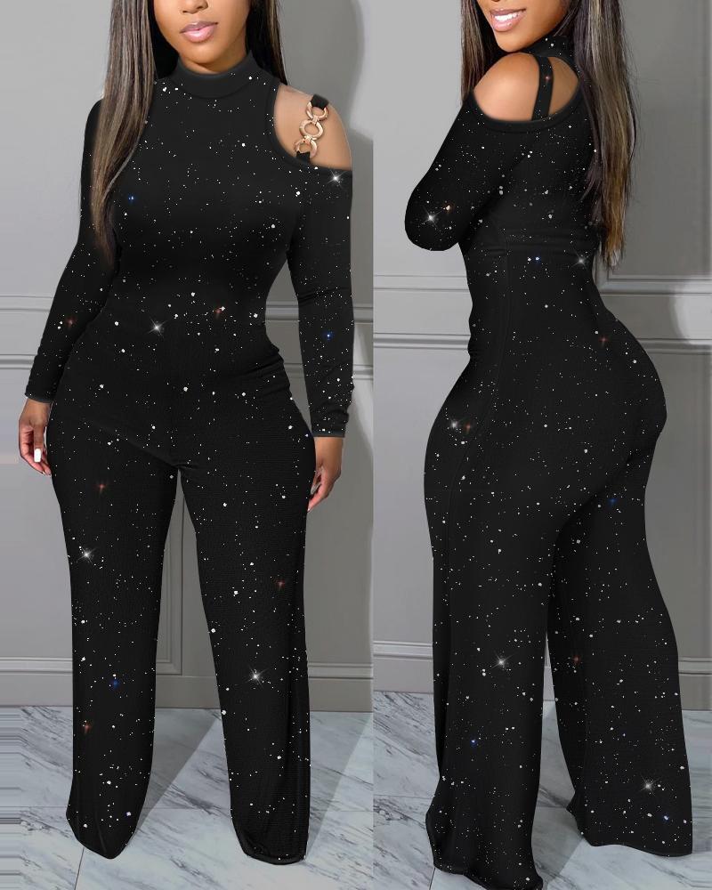 Glitter Metal Decor Cold Shoulder Jumpsuit