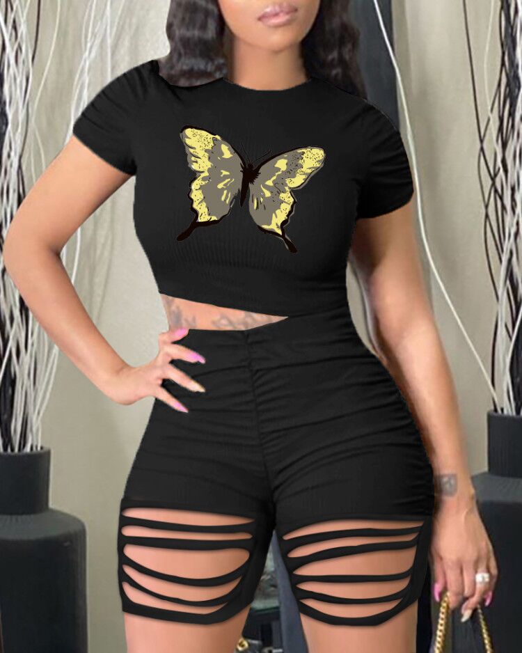 

Butterfly Print Short Sleeve Top & Plain Ladder Cutout Shorts Set, Black