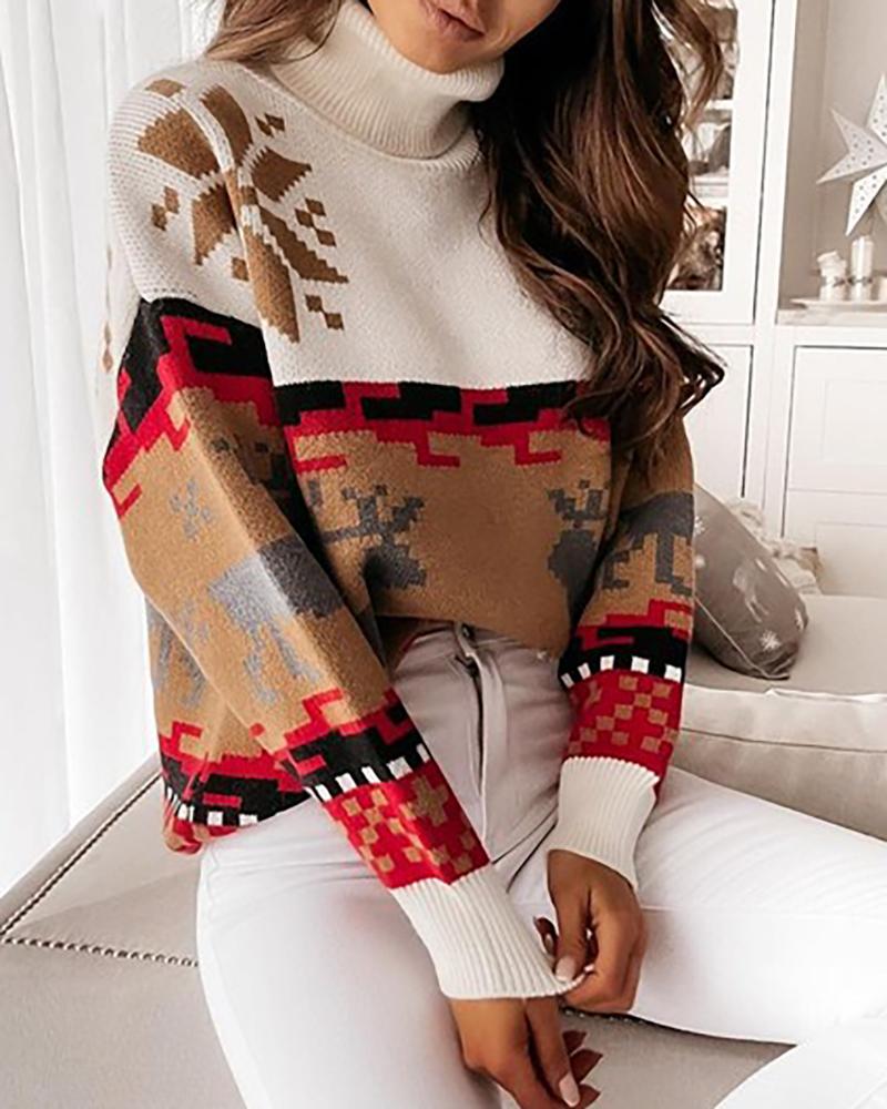 

High Neck Christmas Deer / Snowflake Print Knit Sweater, Beige