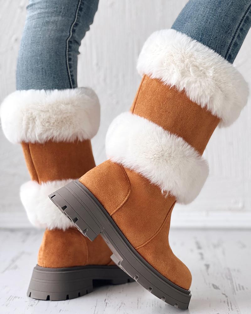 

Contrast Paneled Fuzzy Detail Calf Snow Boots, Brown