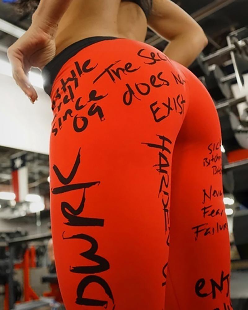 

Letter Print High Waist Skinny Leggings, Red