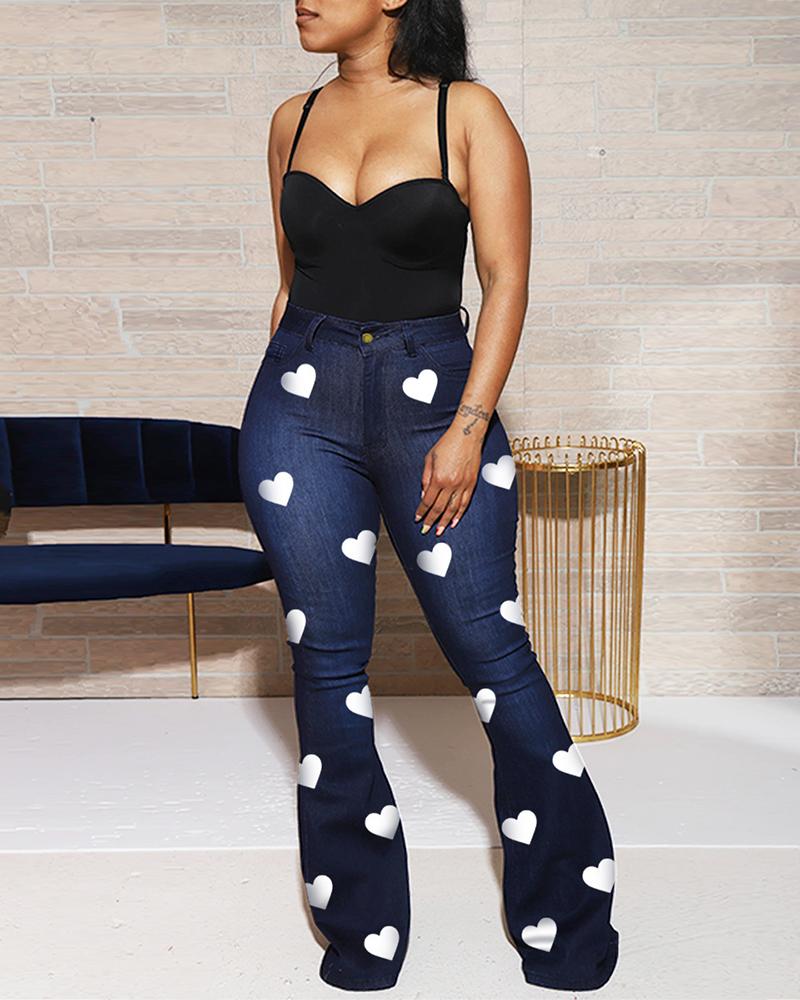 

Heart Print High Waist Bootcut Jeans, Dark blue