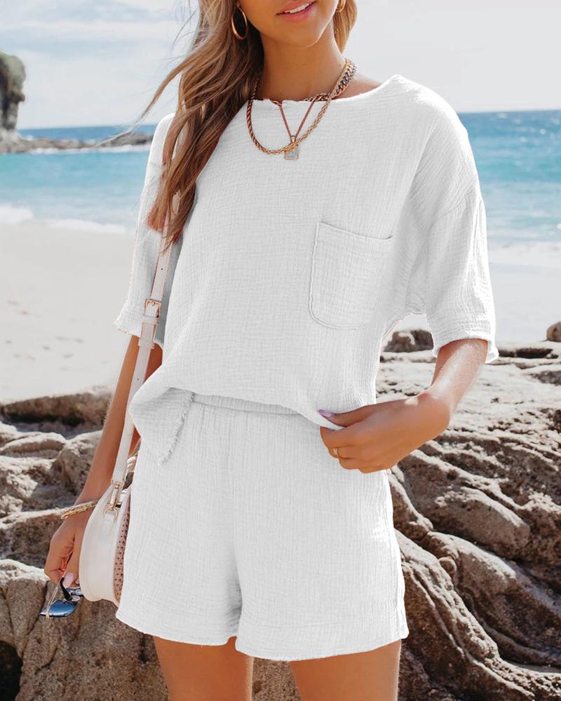 

Pocket Design Half Sleeve Slit Top & Shorts Set, White