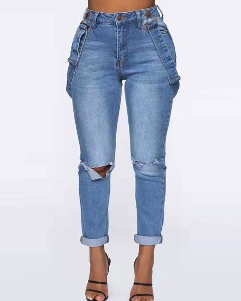 

Buttoned Cutout Denim Suspender Pants, Blue