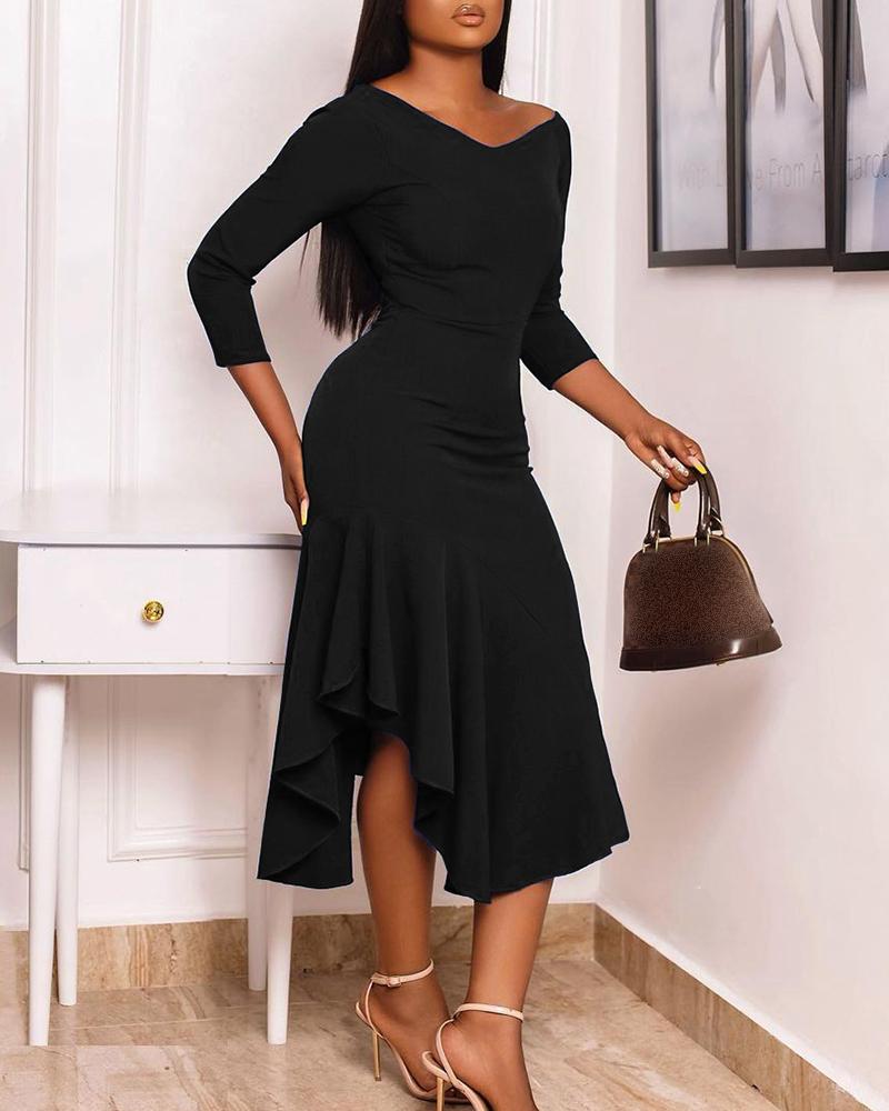 

Long Sleeve Asymmetrical Ruffle Hem Casual Dress, Black