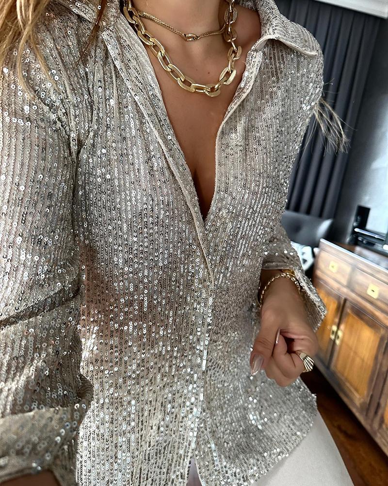 

Allover Sequin Buttoned Long Sleeve Top, Silver