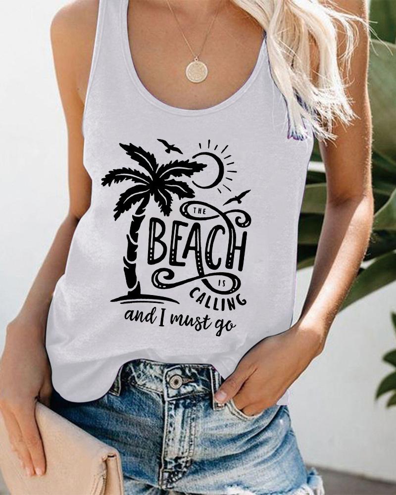 

Coconut Tree Letter Print Graphic Tee Summer Beach Vest Tank Top, White