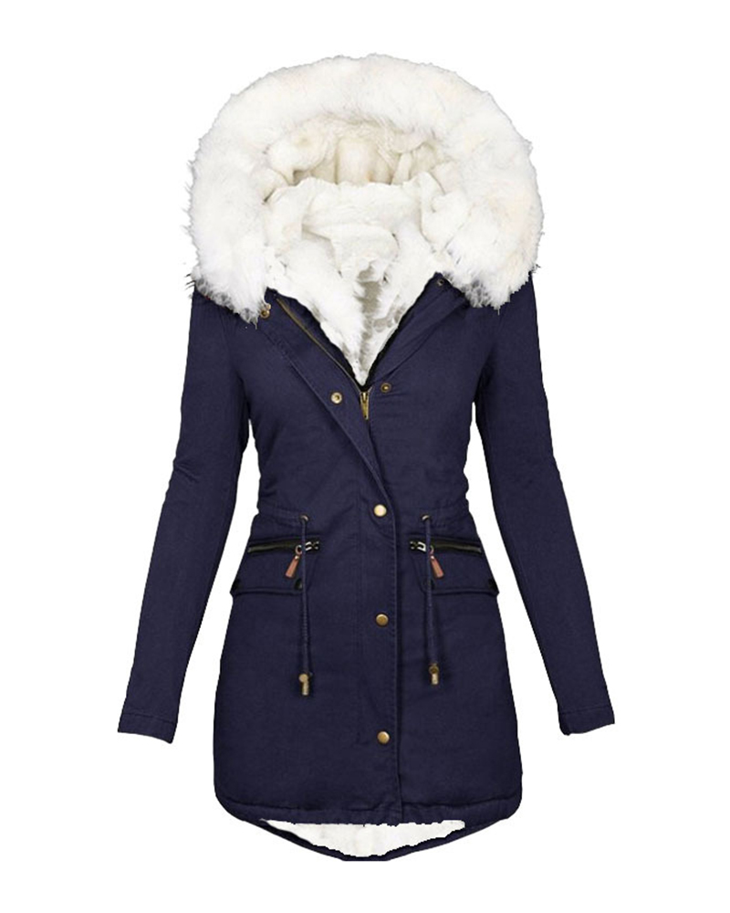 

Women' Parka Casual Winter Long Coat Zipper Pocket Design Drawstring Lined Hooded Fit Warm Jacket, Dark blue