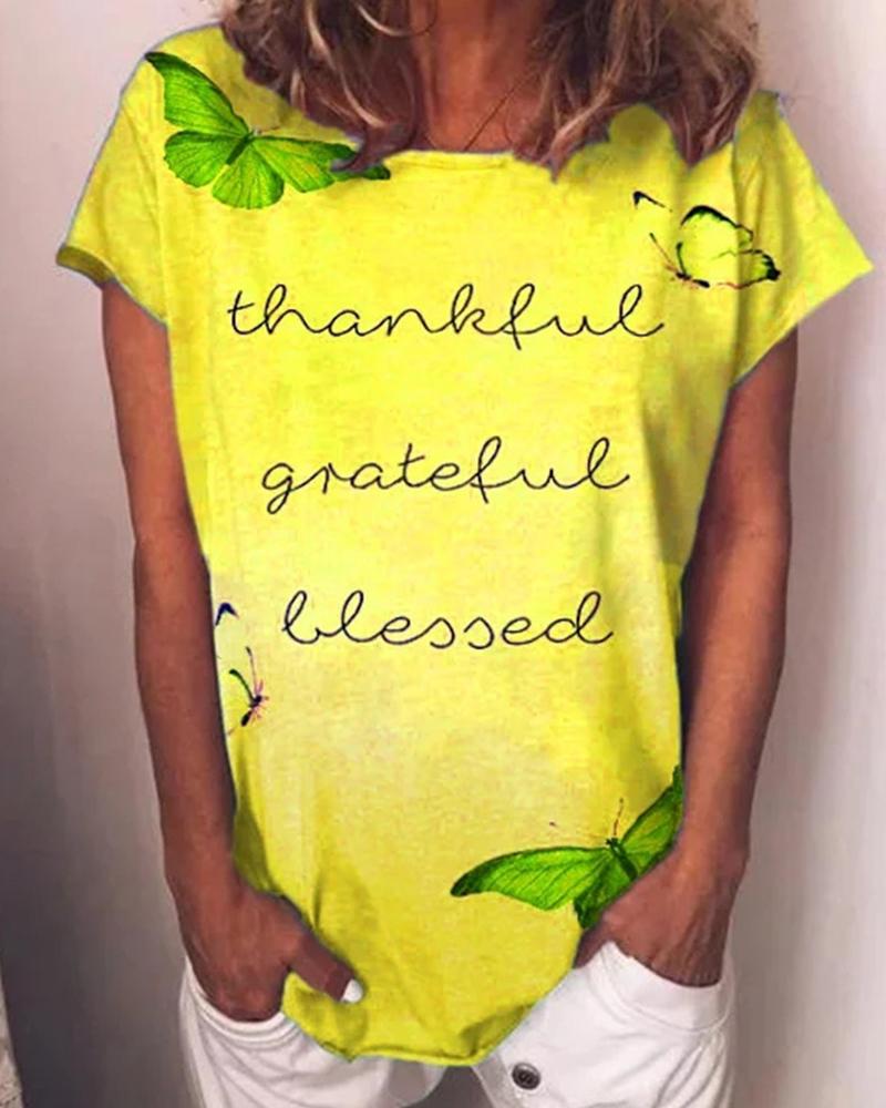 

Letter Butterfly Short Sleeve T-shirts, Yellow