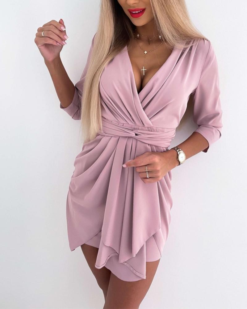 

Solid Color Lace-up Long Sleeve Ruched Commute Mini Dress, Pink