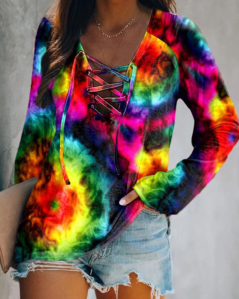 

Grommet Eyelet Lace-Up Tie Dye Print Casual Top, Style1