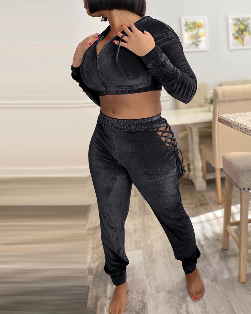 

Velvet Zipper Design Hooded Crop Coat & High Waist Pants Set, Black