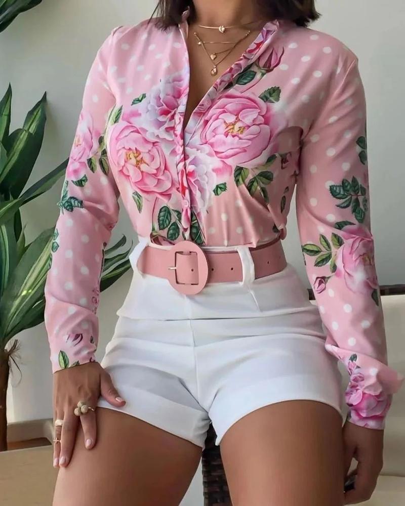 

Floral Print Shirt & Plain Shorts Set With Belt, Pink