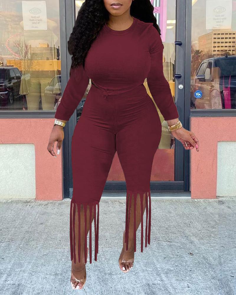 

Solid Crop Top & Fringe Hem Pants Set, Wine red