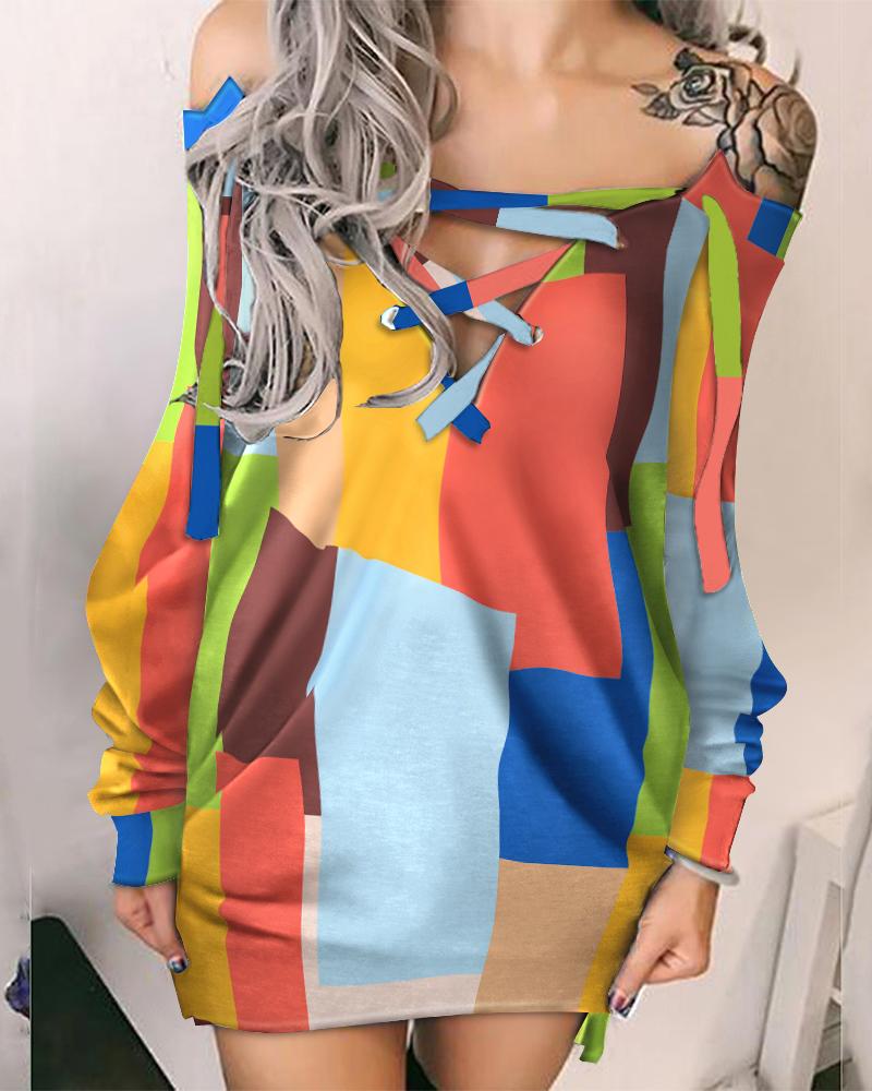 

Colorblock Geo Print Lace-up Long Sleeve Dress, Multicolor