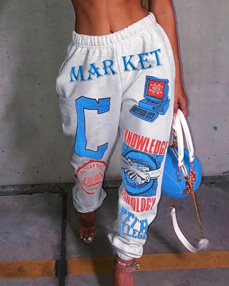 

Letter Graphic Print Casual Harem Pants, Blue