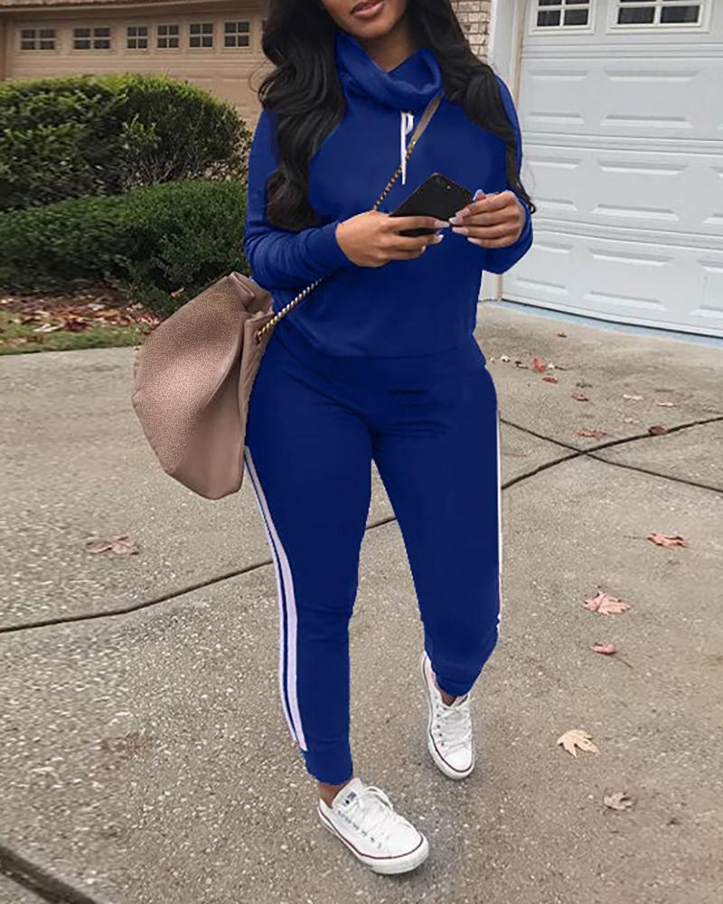 

High Neck Long Sleeve Top & Striped Print Pants Set, Blue