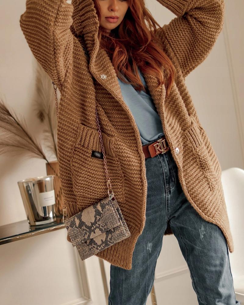 

Long Sleeve Pocket Detail Hooded Cardigan, Khaki