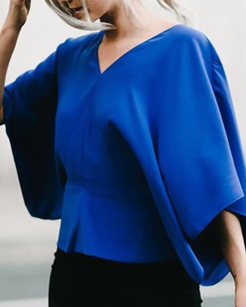 

Loose Bat Sleeve Short Sleeve Blouse, Blue