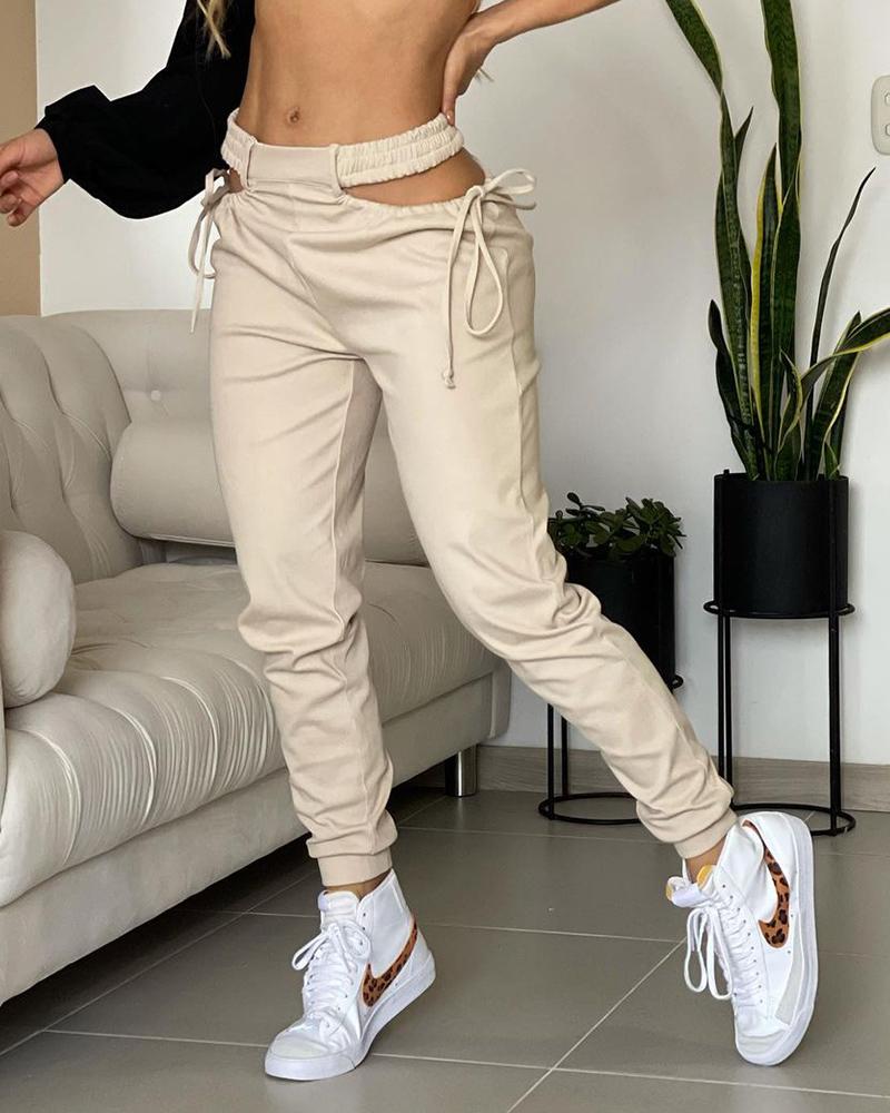 

Cutout Drawstring Elastic Waist Casual Pants, Khaki