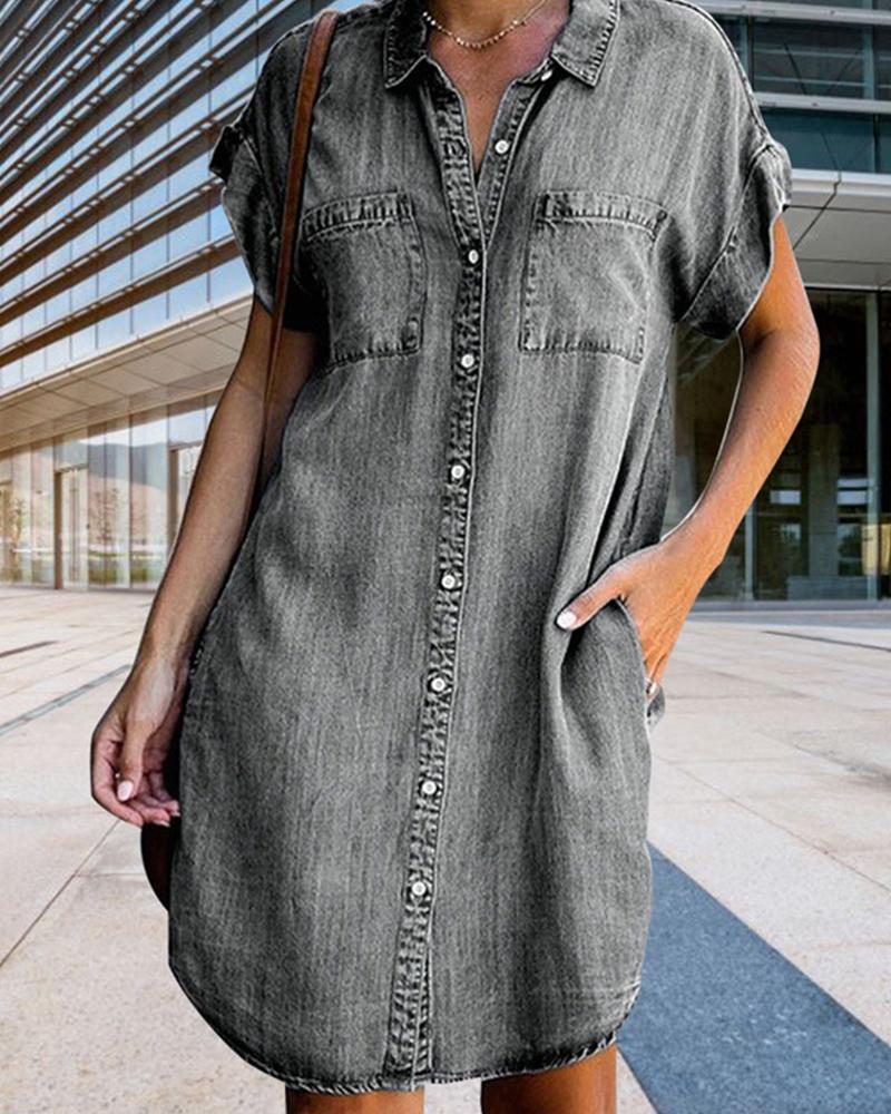 

Solid Button Front Short Sleeve Pocket Shirt Denim Dress, Gray