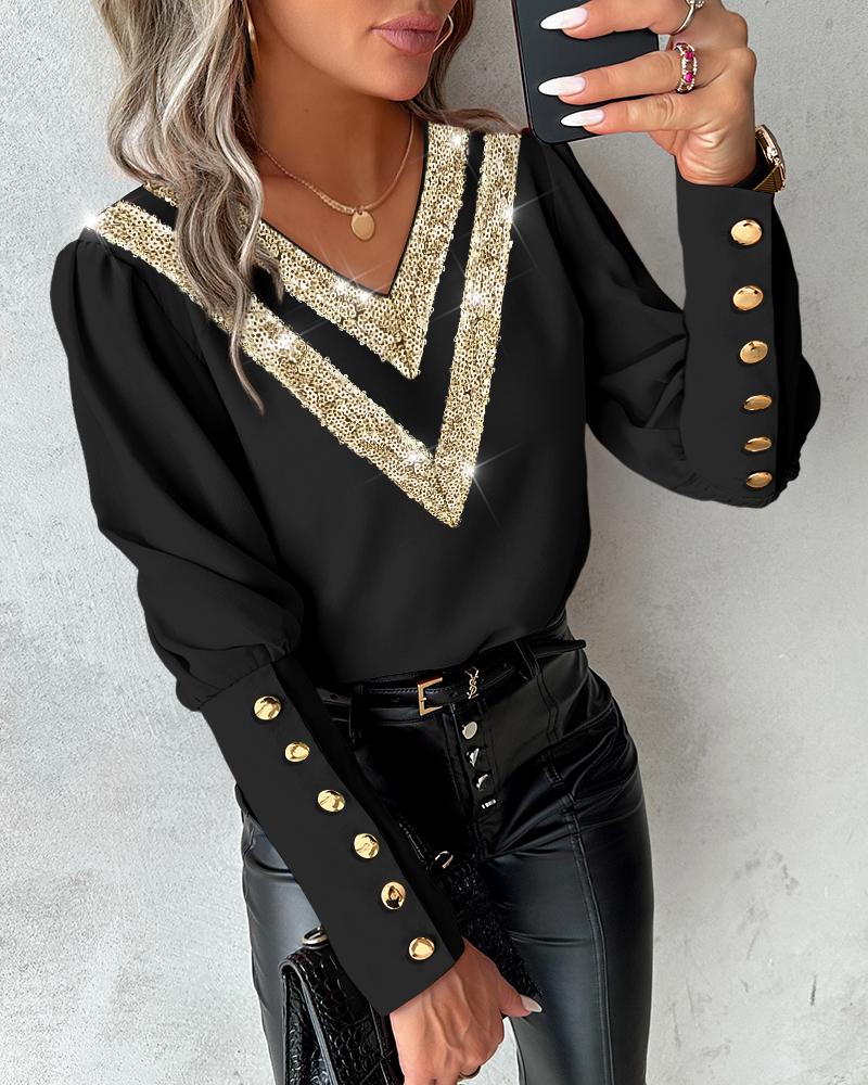 

Contrast Sequin Buttoned V-Neck Top, Black